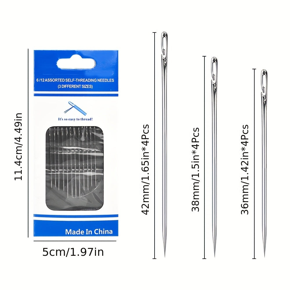 12pcs Self-Threading Hand Sewing Needles for Easy Darning and Stitching - Convenient Side Opening Design - Essential Sewing Accessories