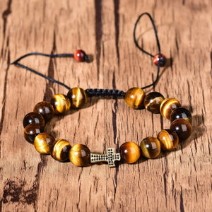 Natural Tigers Eye Quartz Reiki Crystal Cross Fashion Chakra Bracelet Adjustable