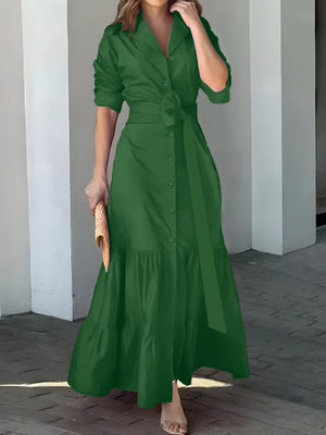 Elegant Maxi Dress with Belt and Ruched Sleeves for Women - Chic Ruffle Trim, Woven Polyester, Ideal for Spring/Fall