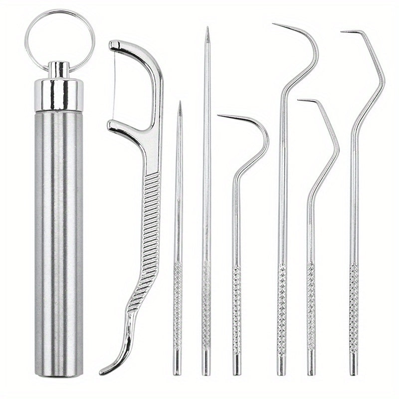 7-Piece Professional Dental Cleaning Kit: Reusable Stainless Steel Toothpicks & Portable Floss For Optimal Teeth Cleaning