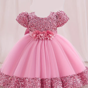 Sparkling Sequin Princess Tutu Dress for Girls - Midi, Belted, Puff-Sleeve with Comfort Viscose Lining, Perfect for Spring-to-Fall