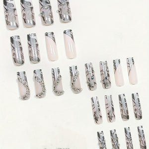 24pcs Glossy Long Square Fake Nails, Nude Press On Nails With Silvery Stripe And 3D Heart Rhinestone Chain Design, Sweet And Romantic False