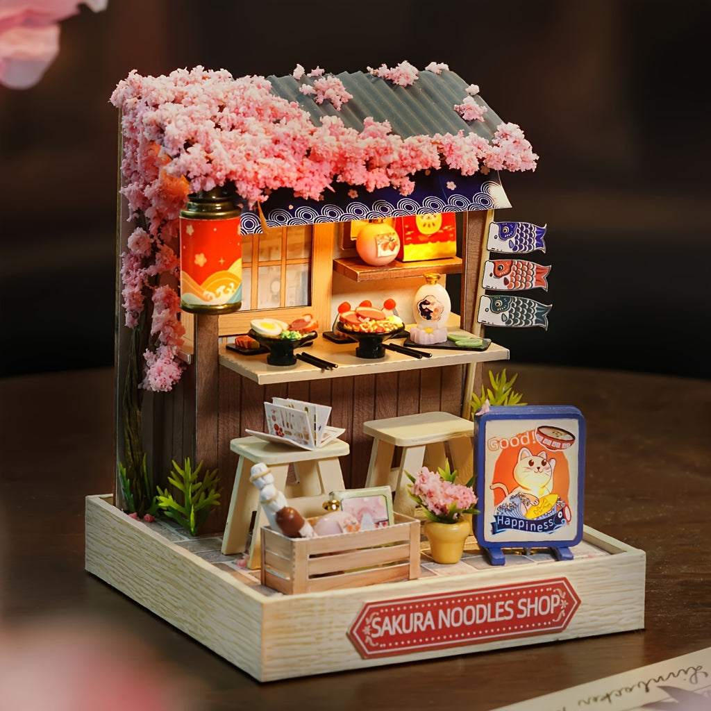 Handmade DIY Cherry Blossom Noodle House Model Building Kit - Perfect Birthday Gift for Girls - Room Decorations & Furniture Included!