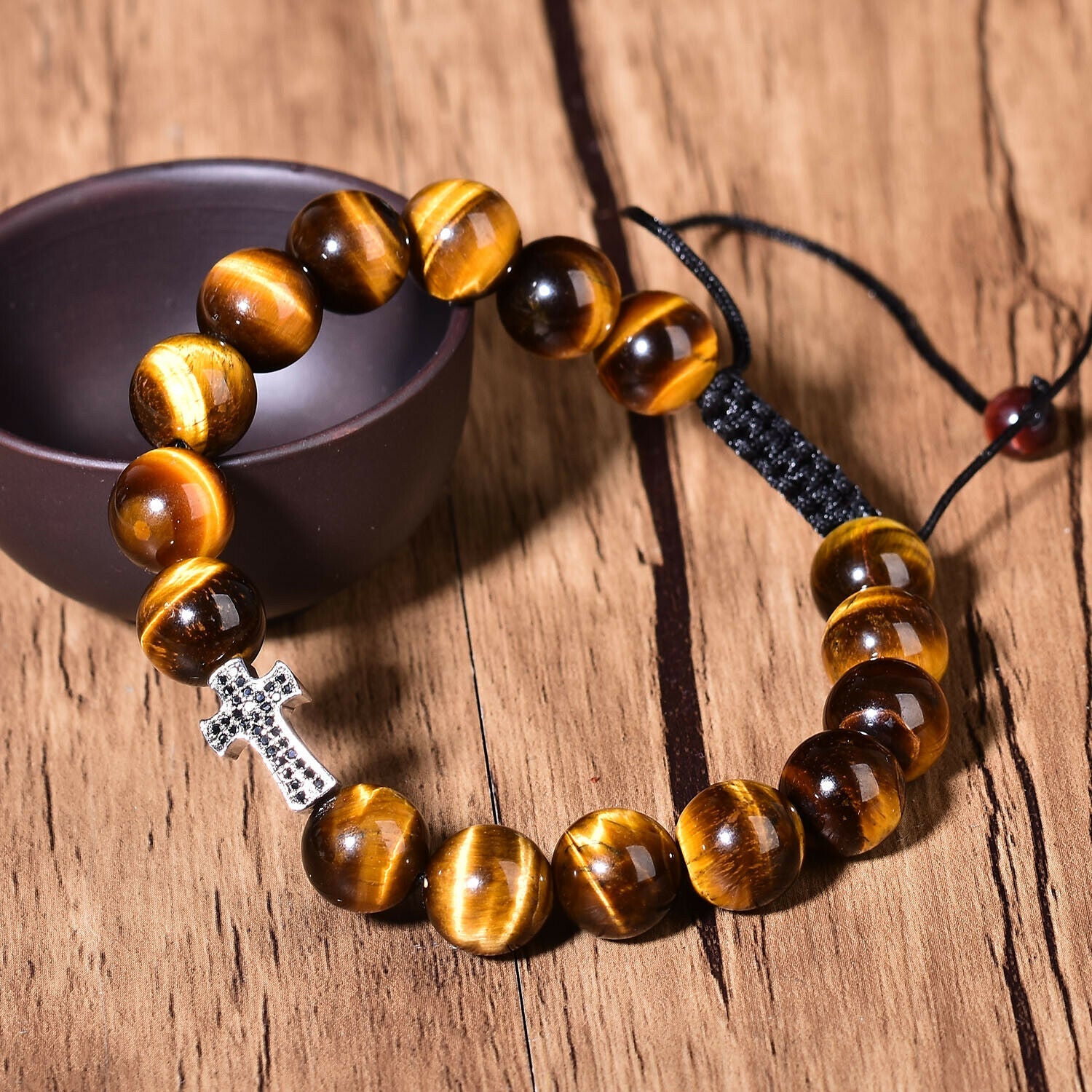 Natural Tigers Eye Quartz Reiki Crystal Cross Fashion Chakra Bracelet Adjustable