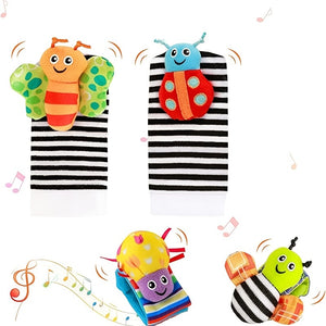 4-Pack Of Adorable Baby Wrist Strap Socks - Cartoon Hand Rattle & Plush Toy Set! Christmas Halloween Thanksgiving gifts