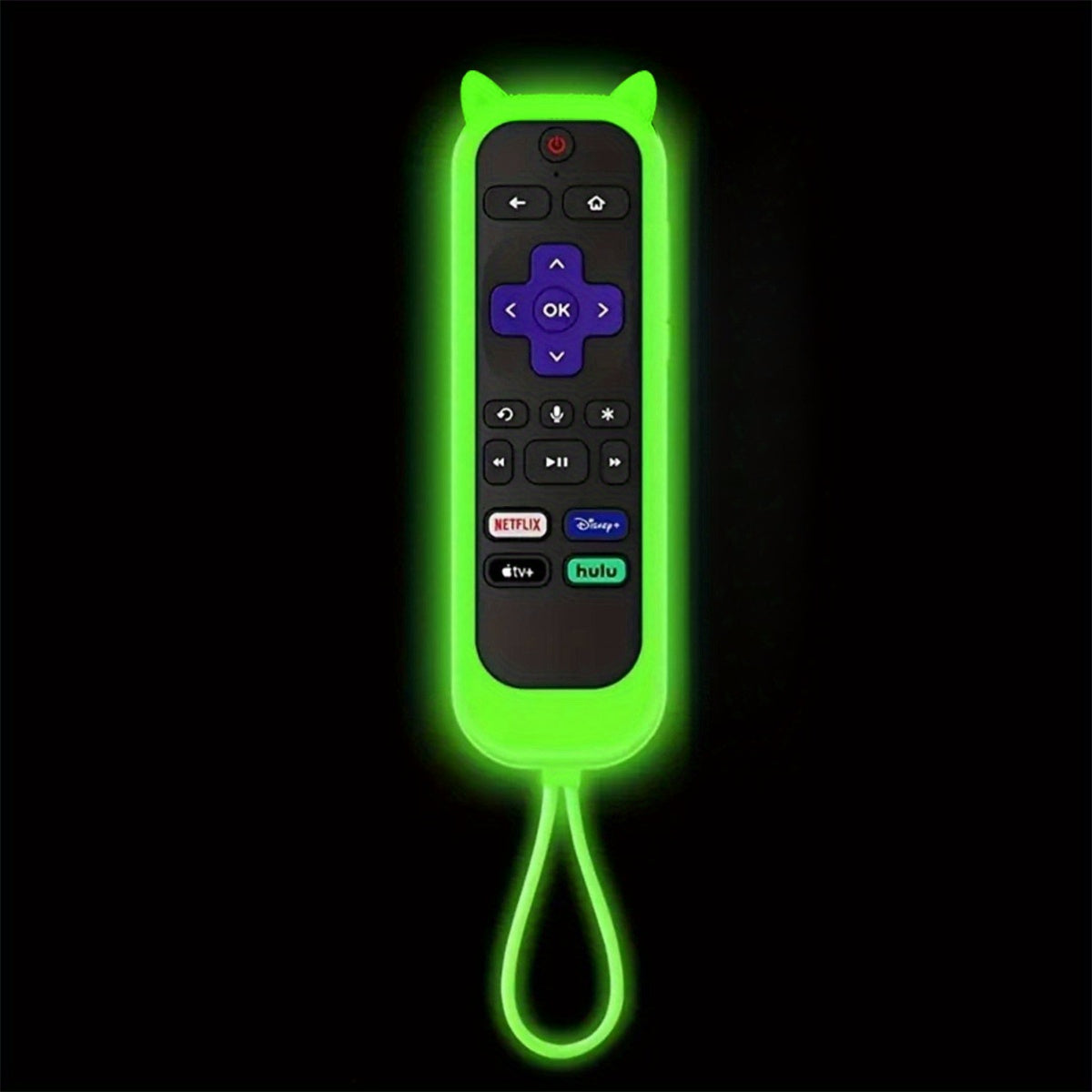 Glow In The Dark Cute Cat's Ears Shaped Silicone Universal Remote Control Cover With Lanyard Suitable For TCL For Hisense For Roku TV Remote