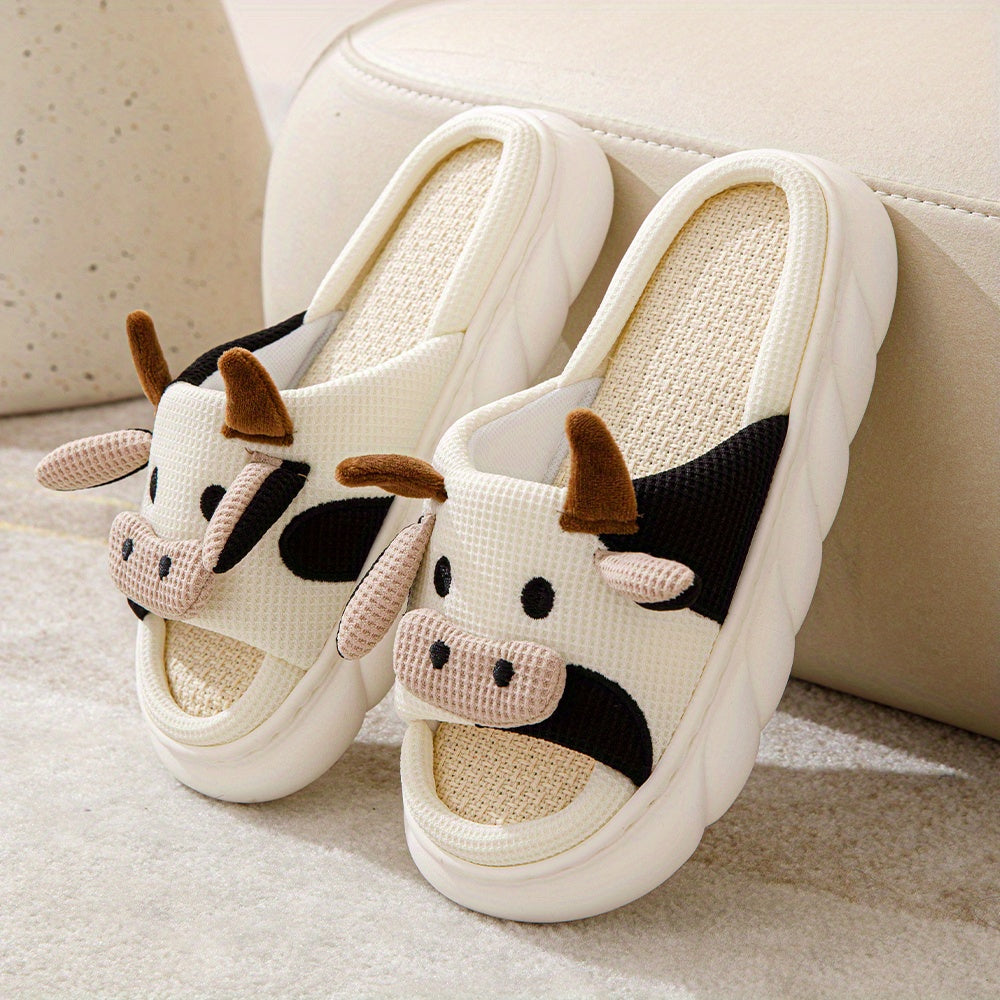 Women's Cartoon Cute Cow House Slippers, Platform Soft Sole Anti-slip Warm Plush Home Slides, Women's Indoor Cozy Shoes