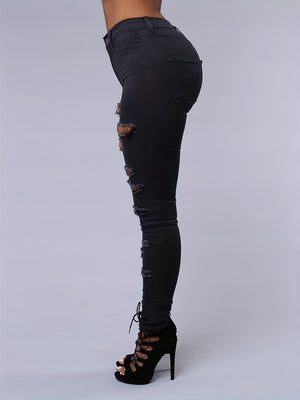 Elegant High-Stretch Skinny Jeans for All Seasons, Ripped with Chain Detail, Mid-Waist Comfort Fit Denim