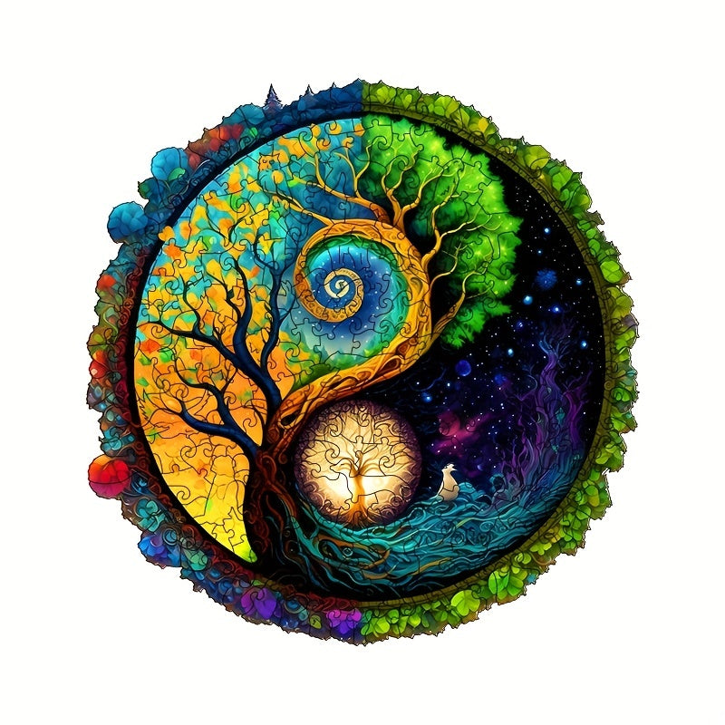 Starry Night God Tree Wooden Puzzle Alien Puzzle Adult Decompression, Circular Magic Puzzle Unique Shape Irregular Animal Shape Wooden Puzzl