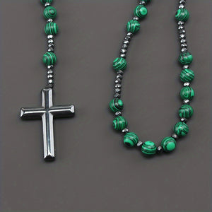 1pc Fashion Retro Style Jewelry, Natural Stone Round Beads Malachite Hematite Cross Religious Rosary Beads Men's Long Necklace, For Daily We