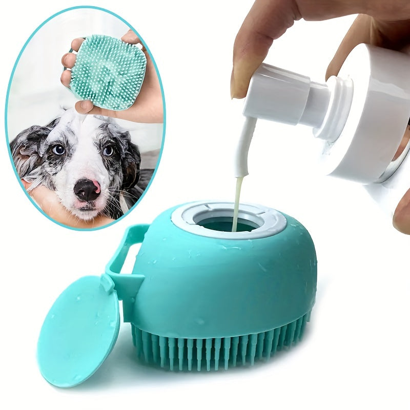 Pet Shampoo Brush, Silicone Massage Rubber Bath Comb With Shampoo Storage For Dog & Cat Grooming Tool