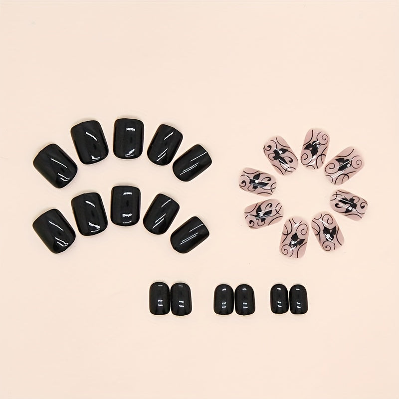 24pcs Glossy Short Square  Fake Nails, Black White Press On Nails With Butterfly Leaves Design, Sweet Cool Full Cover False Nails For Women