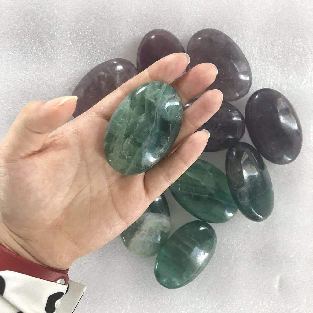 Natural Fluorite Palm Stone Crystal Healing Reiki Polished Colorful Paperweight