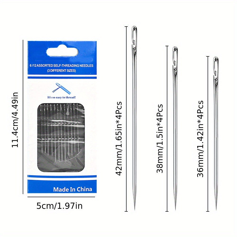 12pcs Self-Threading Hand Sewing Needles for Easy Darning and Stitching - Convenient Side Opening Design - Essential Sewing Accessories