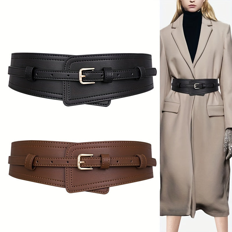 Trendy Solid Color Leather Belts Classic Pin Buckle Wide Belts Vintage Waistband Elegant Dress Coat Girdle For Women