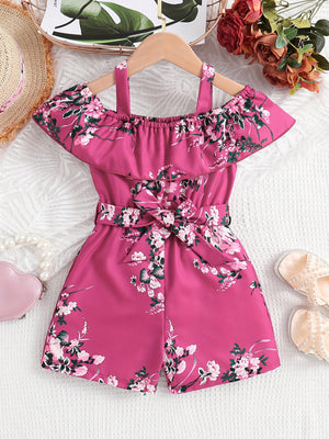 Girls Casual Ruffled Off-Shoulder Dress Flower Graphic Jumpsuit For Summer Girls Clothes