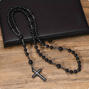 1pc Natural Stone 8mm Tiger Eye Stone Rosary Black Gallstone Cross Men's Raw Stone Necklace