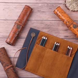 Creative Treasure Map Retro Pencil Case Leather Large Capacity Roll Pencil Bag Embossed Buckle Simple Stationery Box Roll Portable Pencil Dr