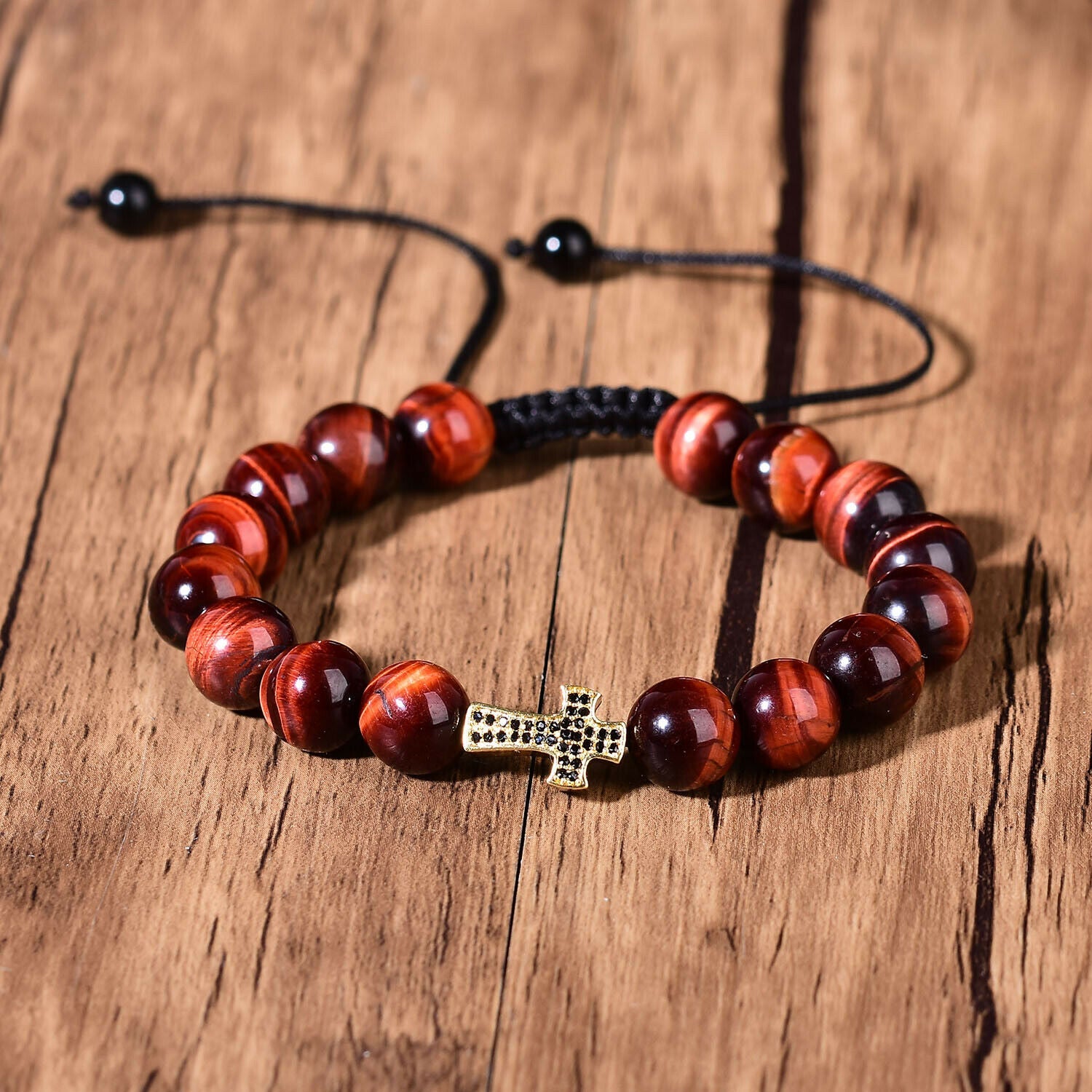 Natural Red Tigers Eye Quartz Healing Crystal Cross Fashion Bracelet Adjustable