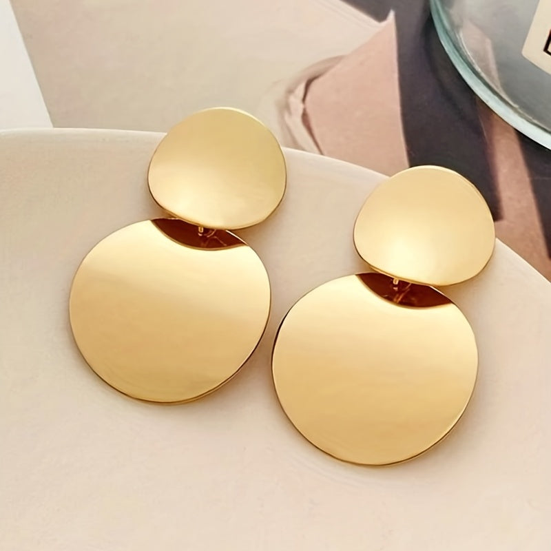 Double Round Design Dangle Earrings Alloy 14K Gold Plated Simple Classic Style For Women Girls Party Ear Accessories