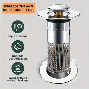 "Easy-to-Install Stainless Steel Sink Strainer & Stopper | Anti-Odor, Pop-Up Design for 1.3-1.6"" Drains | Sleek Bathroom Accessory"