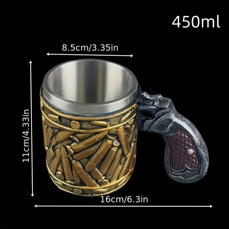 1pc, Pistol Beer Mug With Bullet Shell Decoration, Men's Stainless Steel Beer Mugs, Tea Or Coffee Cup, 450ml / 15.2oz