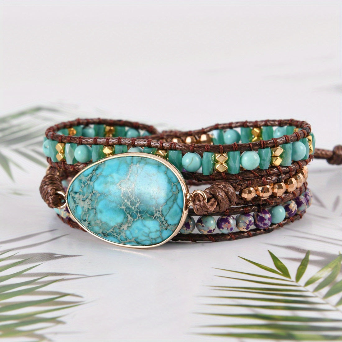 Boho Style Wrap Bracelet Handmade PU Leather Turquoise Beads Bracelet Jewelry Gift