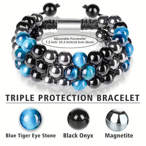 1pc Three Row Hand Braided Natural Stone Bracelet Blue Tiger Eye+Magnetite+Black Onyx, Adjustable Universal Bracelet For Men & Women, Versat