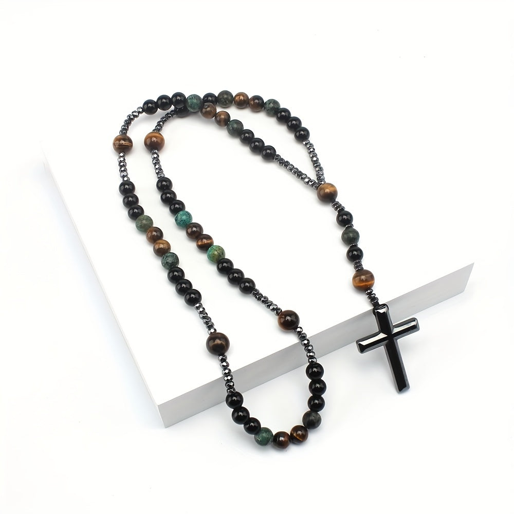 Natural Stone Tiger Eye Faux Turquoise Agate Necklaces Round Bead Necklace With Cross Pendant For Men