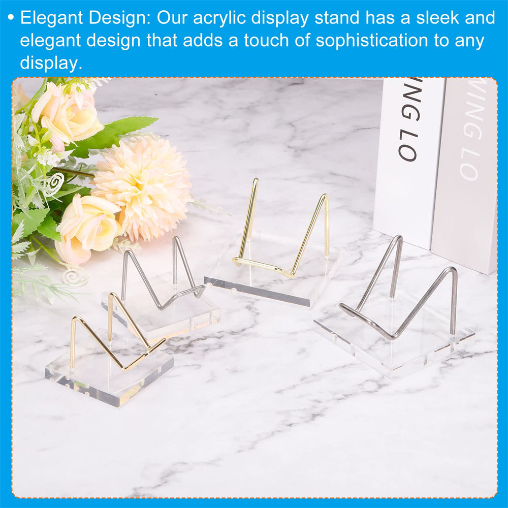 Acrylic Display Stands, 2 Pack Display Easel Holder Stainless Steel Arm Crystal Display Stand for Mineral Gemstone Style 1, Clear