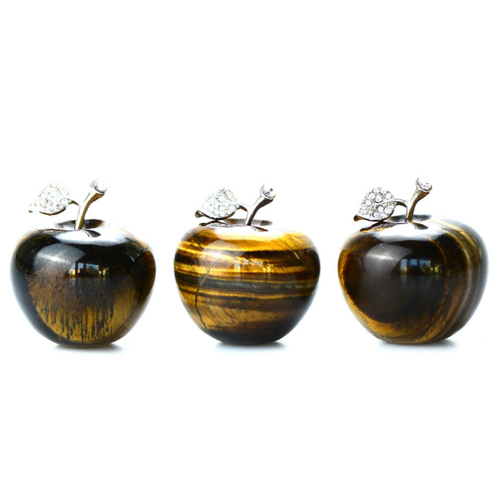 1.8'' Tiger-Eye Stone Natural Crystal Apple Paperweight Figurine Carved Gift