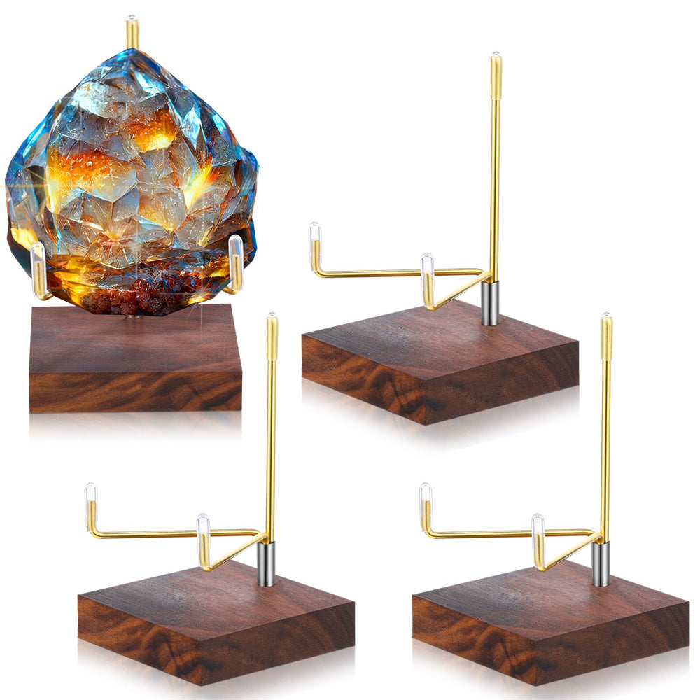 4 Pcs Brass Crystal Display Stand with Wooden Base Metal Rock Display Holder Rock Display Stand Rock Collection Display Mineral Display Easel for Geodes Stones Slices