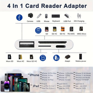 4 In 1 SD Card Reader For IPhone 14/13/12/11/X/XR/8/7/iPad/Camera, OTG/USB Memory Flash Card Adaptor, Reader For TF Card, Charging Port For