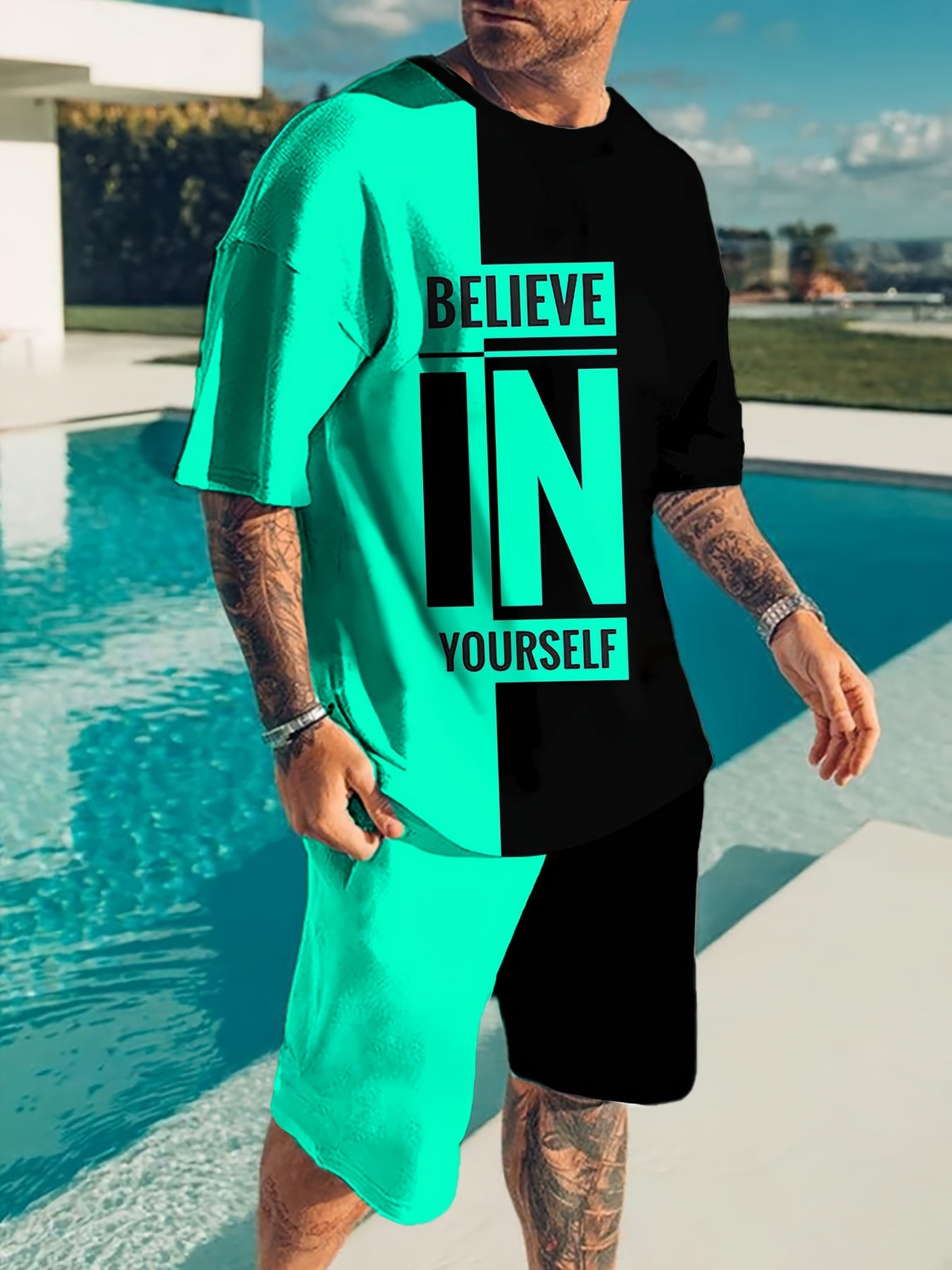 "Men's Summer 2Pcs Casual Outfit ""Believe In Yourself"" Motivational Tee and Adjustable Drawstring Shorts - Breathable, Stylish & Versatile