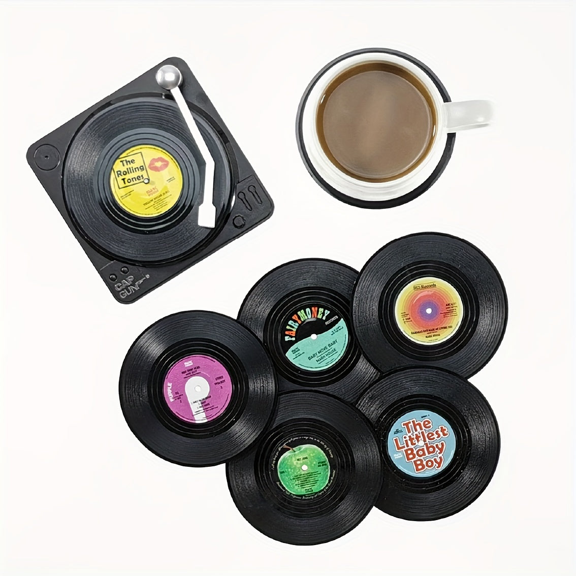 6pcs, Non-Slip Vinyl Record Coasters with Holder - Heat Insulated Cup Mat for Home and Room Decor - Drinkware Accessories