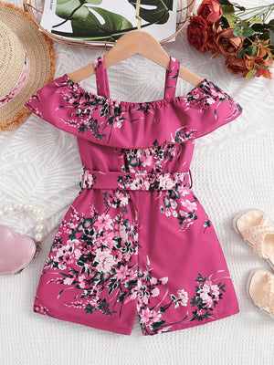 Girls Casual Ruffled Off-Shoulder Dress Flower Graphic Jumpsuit For Summer Girls Clothes