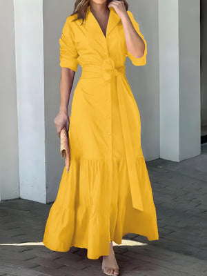 Elegant Maxi Dress with Belt and Ruched Sleeves for Women - Chic Ruffle Trim, Woven Polyester, Ideal for Spring/Fall