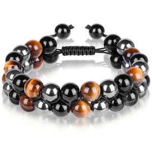 Triple Protection Bracelet, Tiger Eye Stone Hematite And Black Obsidian Natural Stone Beads 8mm Bracelets For Men