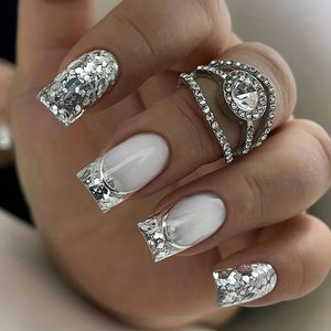 24pcs Glossy White Sequin Press On Nails with Full Coverage and Glitter - Perfect for Women and Girls