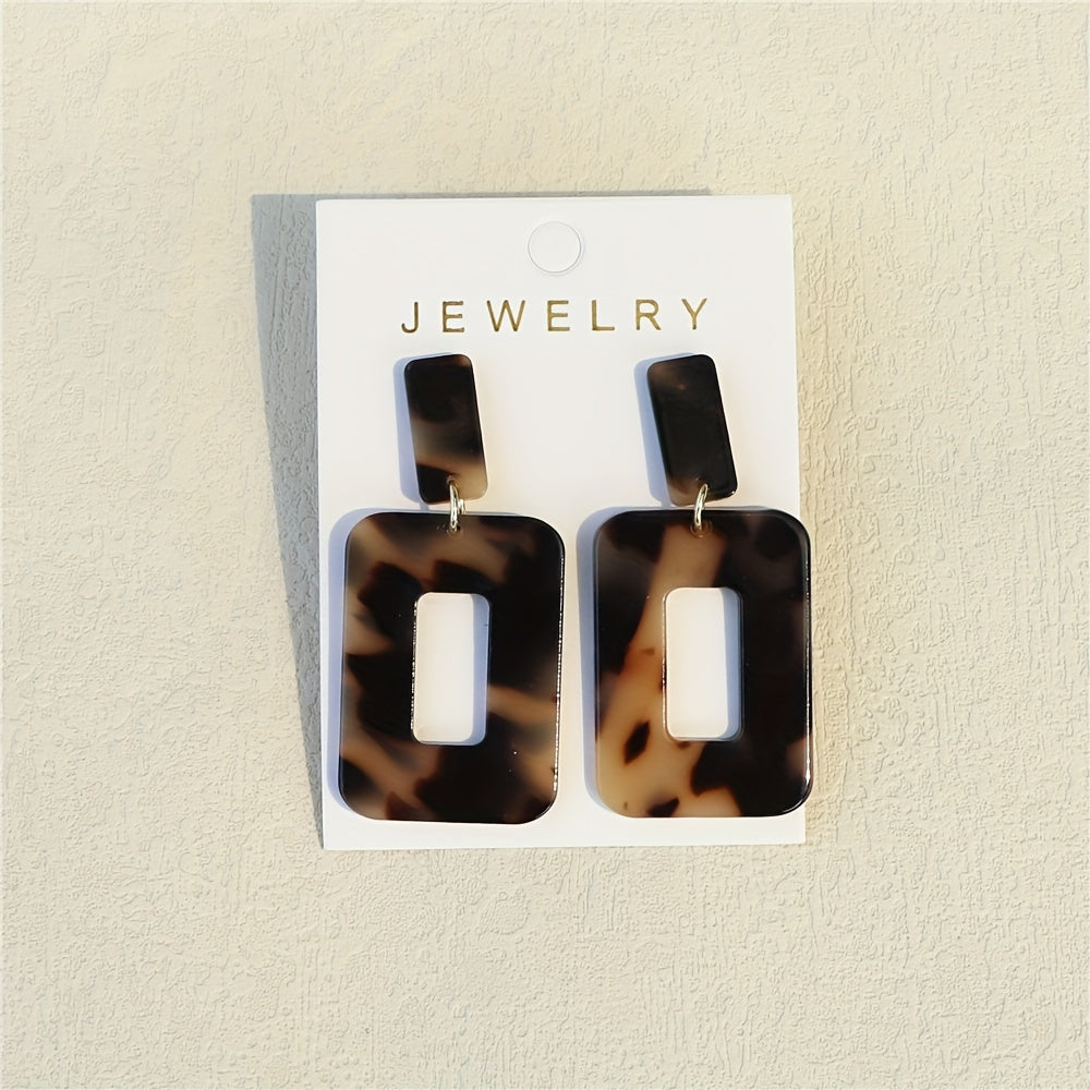 Hollow Rectangle Shape Amber Pattern Design Dangle Earrings Retro Minimalist Style Acrylic Jewelry Trendy Female Gift