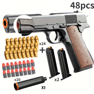 (Upgraded Won't Be A Card Shell) 48pcs M1911 Toy Gun Set (1 Toy Gun + 24 Egg Shell + 20 Bullets + 1 Silencer + 2 Bullet Clips) Halloween Tha