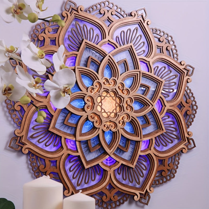 1pc Mandala Yoga Room Night Light LED Multi-Layer Wooden Creative Lotus-Shaped Atmosphere Light Living Room Bedroom Bathroom Kitchen Wall De