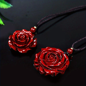 Natural Cinnabar Double Sided Carved Rose Necklace Pendant Good Luck Necklace