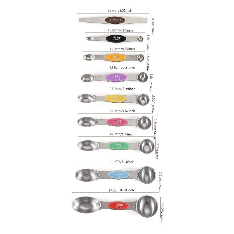 9pcs Stainless Steel Magnetic Measuring Spoons - Dual Sided for Liquid and Dry Ingredients - Fits in Spice Jars - Perfect for Measuring Accu