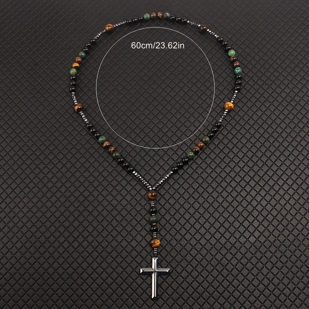 Natural Stone Tiger Eye Faux Turquoise Agate Necklaces Round Bead Necklace With Cross Pendant For Men