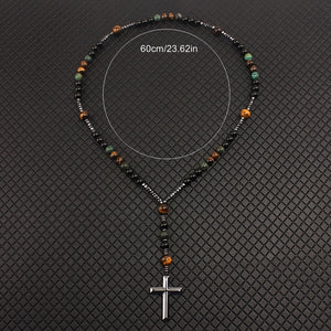 Natural Stone Tiger Eye Faux Turquoise Agate Necklaces Round Bead Necklace With Cross Pendant For Men