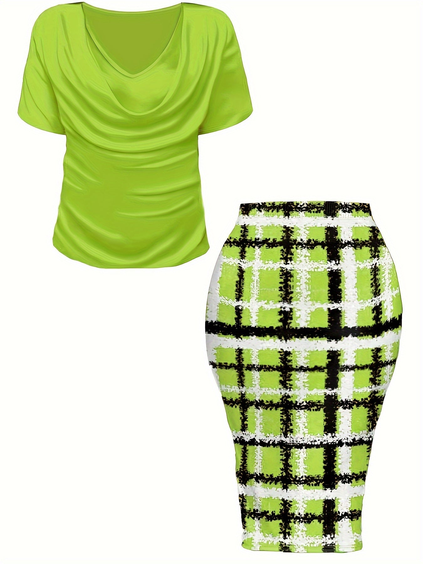 Plus Size Plaid Print Two-piece Set, Cowl Neck Short Sleeve Top & Skirt Outfits, Women's Plus Size Clothing