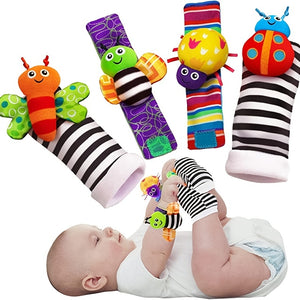 4-Pack Of Adorable Baby Wrist Strap Socks - Cartoon Hand Rattle & Plush Toy Set! Christmas Halloween Thanksgiving gifts