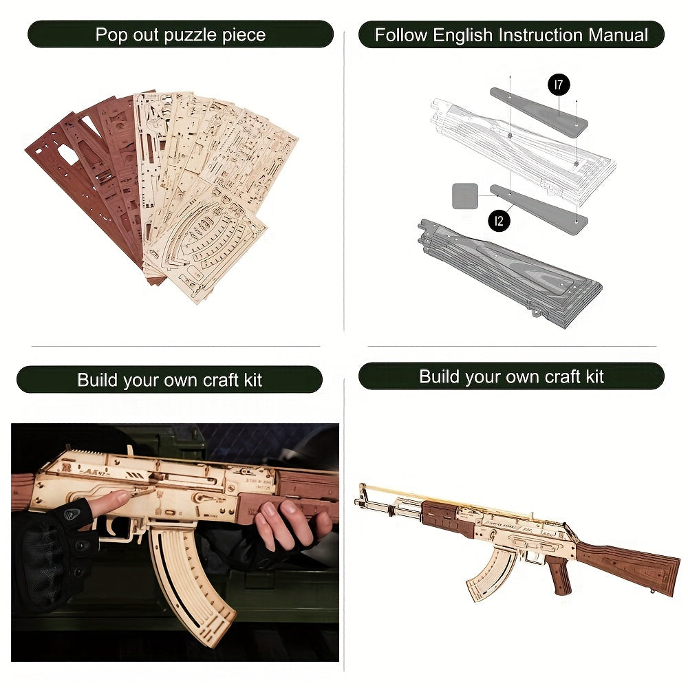 Automatic Rifle AK-47 Toy 3D Wooden Assembly Gun Double Firing Modes Funny DIY Toys For Adults Justice Guar