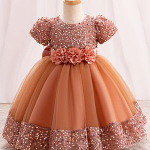 Sparkling Sequin Princess Tutu Dress for Girls - Midi, Belted, Puff-Sleeve with Comfort Viscose Lining, Perfect for Spring-to-Fall